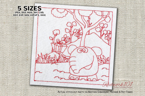 Elephant is Holding a Gift Box Redwork